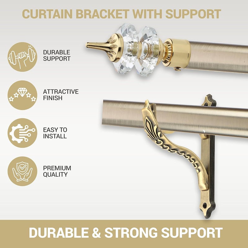 GLOXY ENTERPRISE Aluminium Double Diamond Curtain Brackets Parda Holders with Support Fittings 1 Inch Rod Pocket Finials Designer Door and Window Golden 4 Pair - Image 2