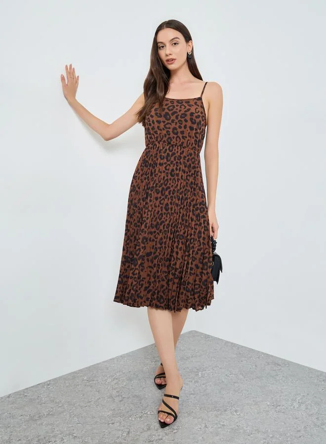 Take Two Leopard Print Pleated Strappy Midi Dress