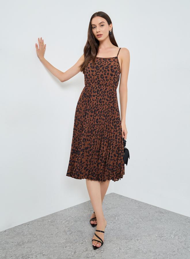 Take Two Leopard Print Pleated Strappy Midi Dress - Image 1