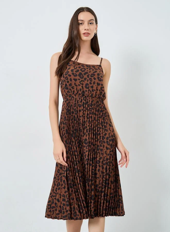 Take Two Leopard Print Pleated Strappy Midi Dress
