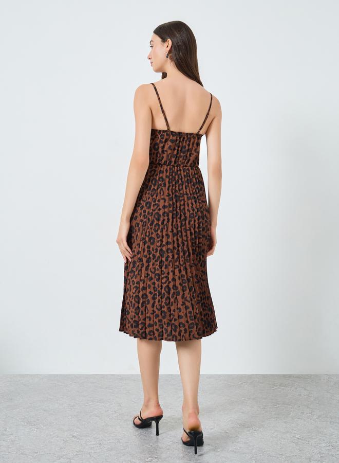 Take Two Leopard Print Pleated Strappy Midi Dress - Image 4