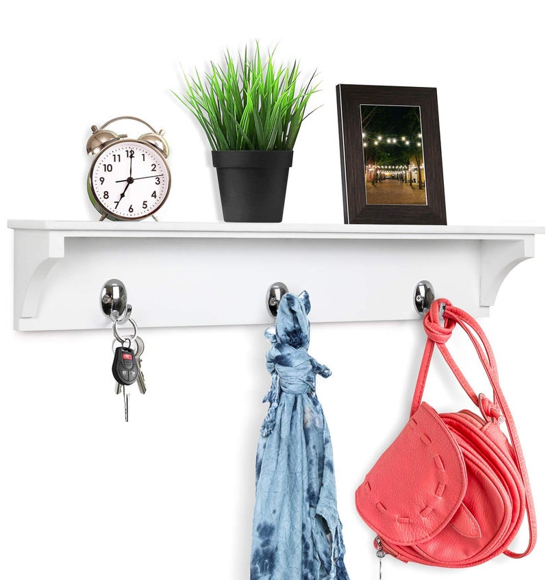 Greenco Entryway Wall Mounted Floating Shelf with Hooks Hat and Coat Hanging Wooden Storage Shelf 24  White