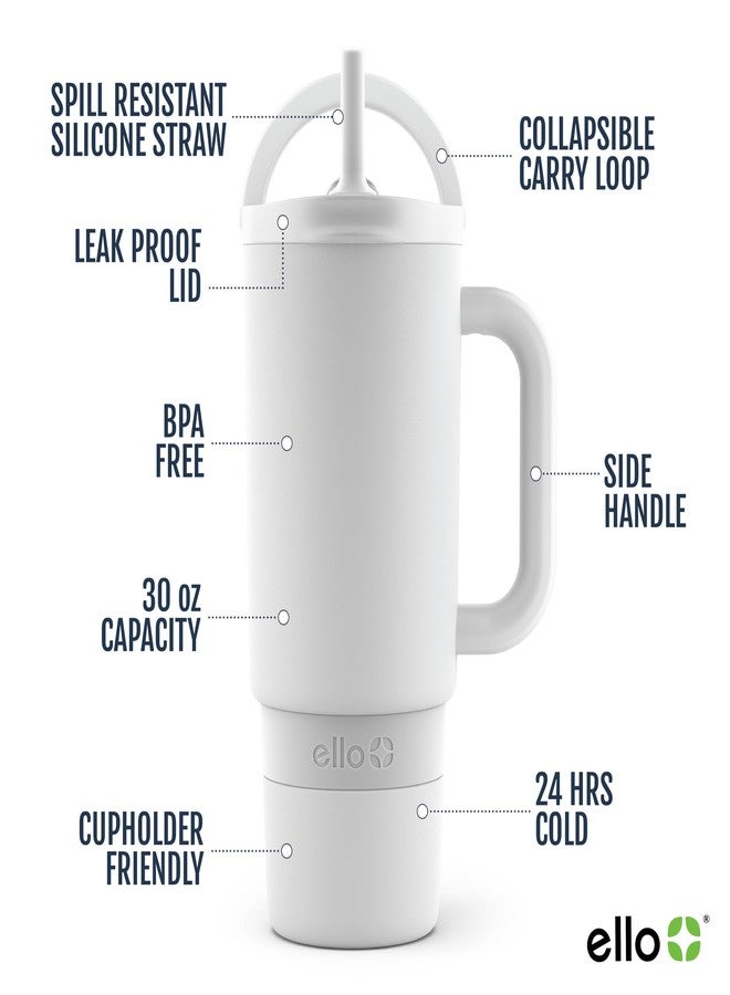 Ello Port 30oz Tumbler with Carry Loop & Integrated Handle | Vacuum Insulated Stainless Steel Reusable Water Bottle Travel Mug | Leak Proof Lid | Flexible Straw | BPA-Free | Dishwasher Safe | White - Image 3