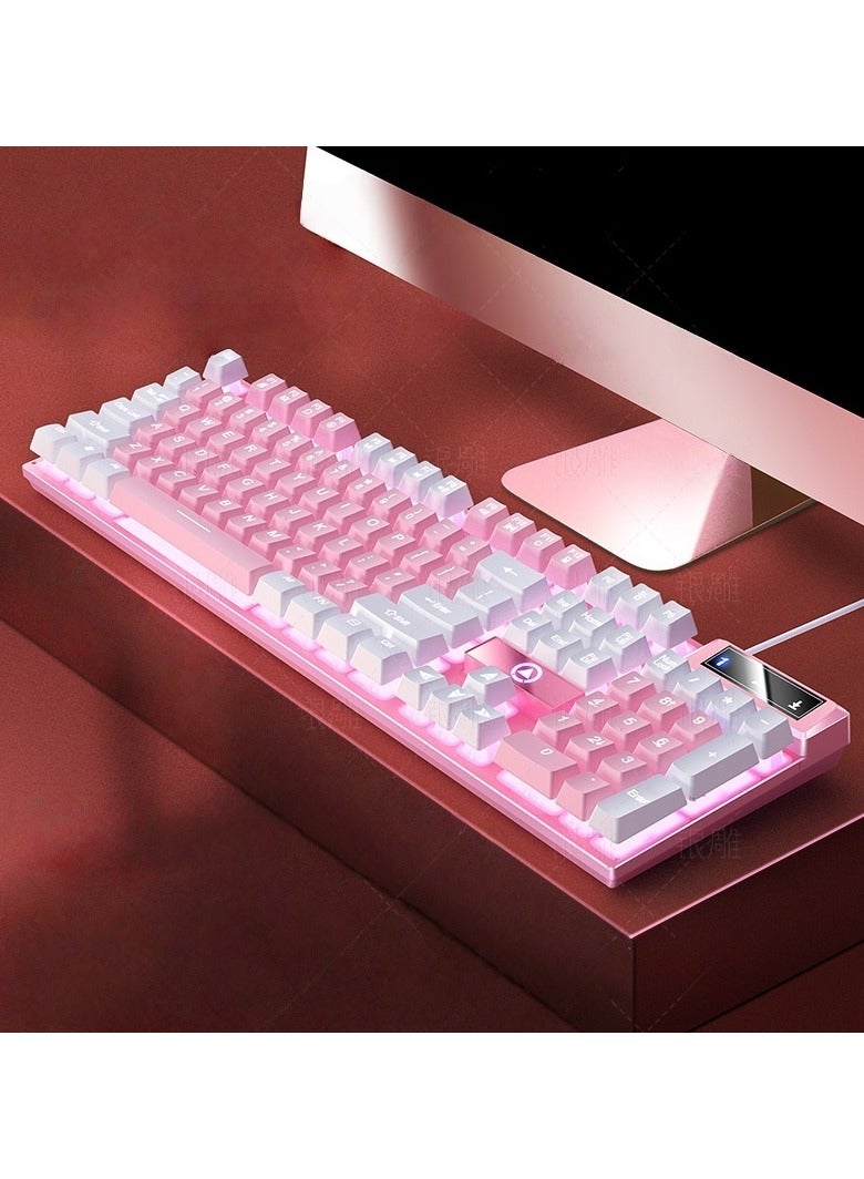 Pink White Wired Gaming Keyboard Mechanical Feel LED Backlit Keyboard for Girls
