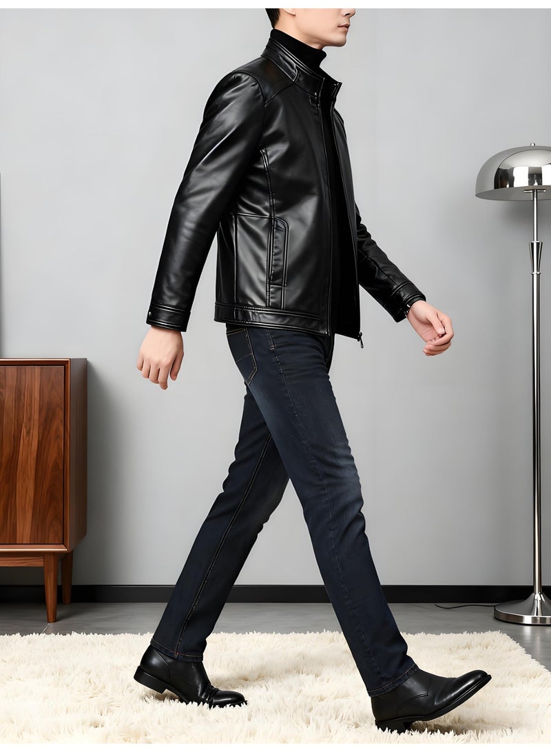 Men's Leather Motorcycle Jacket – Slim Fit, Stand Collar, Zipper Design, Lightweight and Windproof for Stylish Comfort - Image 4