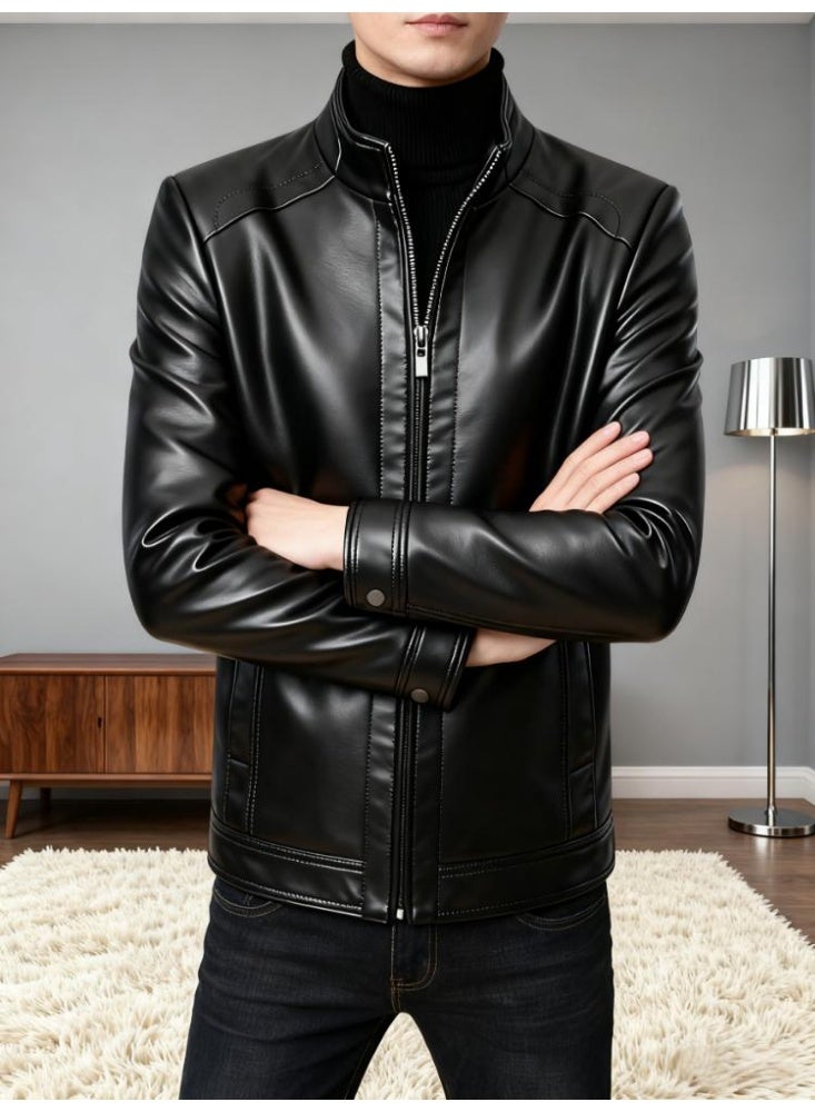 Men's Leather Motorcycle Jacket – Slim Fit, Stand Collar, Zipper Design, Lightweight and Windproof for Stylish Comfort - Image 2