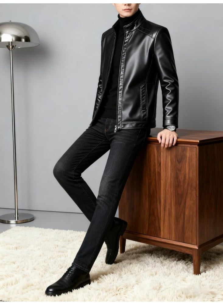 Men's Leather Motorcycle Jacket – Slim Fit, Stand Collar, Zipper Design, Lightweight and Windproof for Stylish Comfort - Image 3