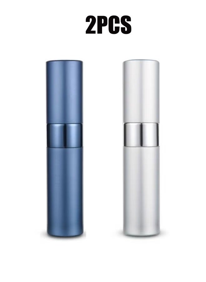 واي جيه 2 قطع مجموعة زجاجات عطور محمولة صغيرة قابلة لإعادة الملء 8 مللي، مع زجاجات مُذذِّب معدنية خارجية وزجاجية، وماصة نقل مرذاذ داخلية متحركة للضغط للموزع السائل (فضة، أزرق داكن) - Image 1