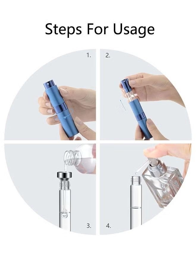 واي جيه 2 قطع مجموعة زجاجات عطور محمولة صغيرة قابلة لإعادة الملء 8 مللي، مع زجاجات مُذذِّب معدنية خارجية وزجاجية، وماصة نقل مرذاذ داخلية متحركة للضغط للموزع السائل (فضة، أزرق داكن) - Image 4