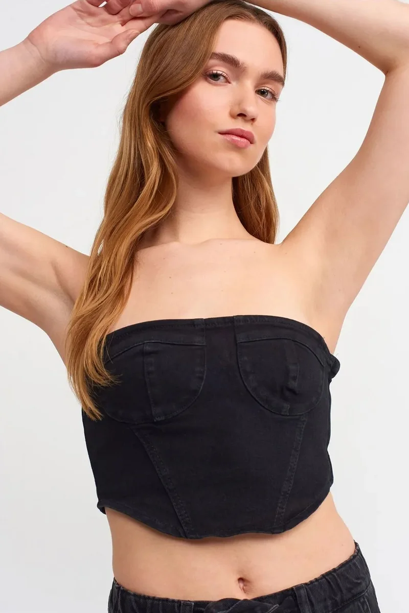 Dilvin Black DILVIN Fitted Strapless Denim Crop Top for Women | Best Price UAE