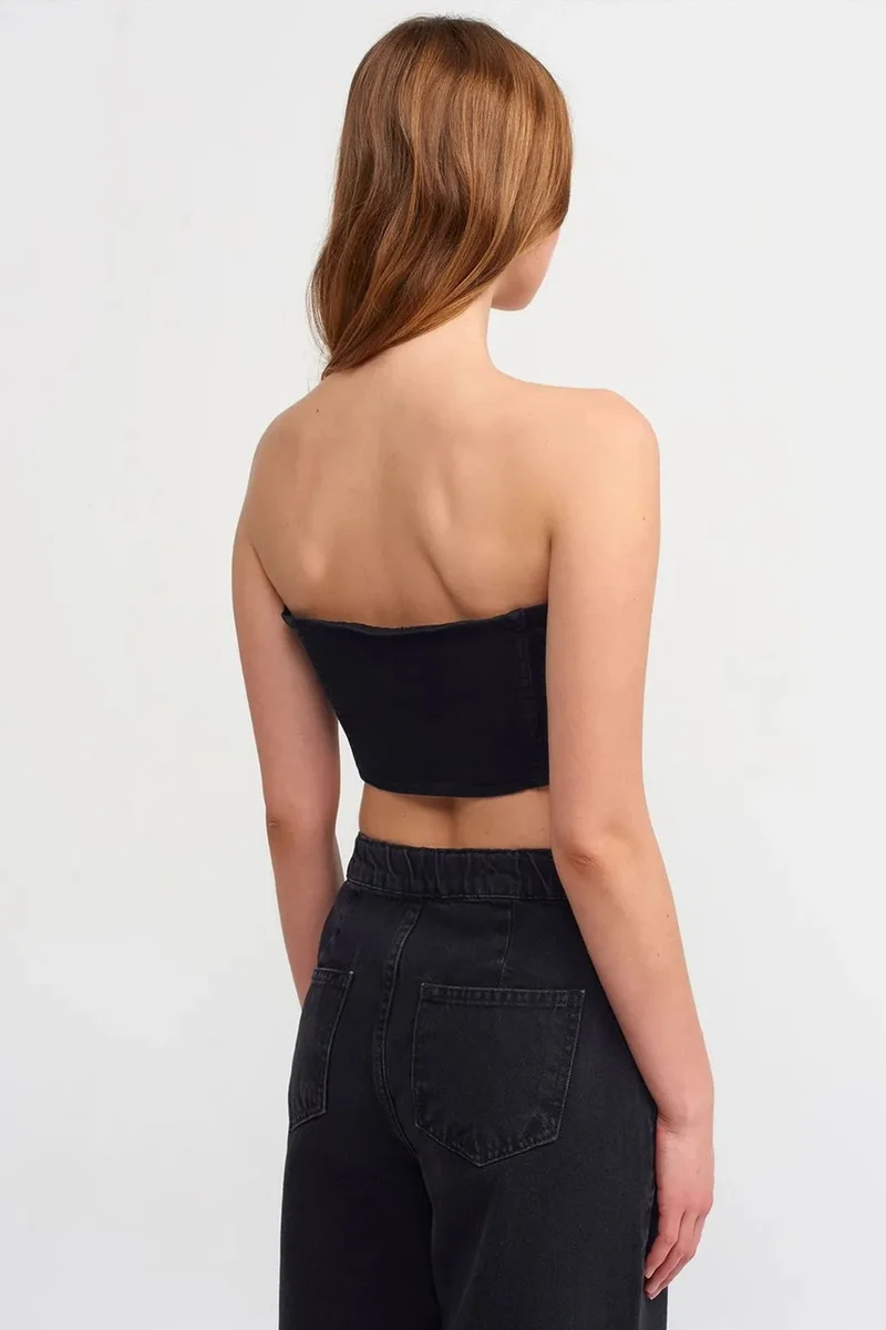 Dilvin Black DILVIN Fitted Strapless Denim Crop Top for Women | Best Price UAE