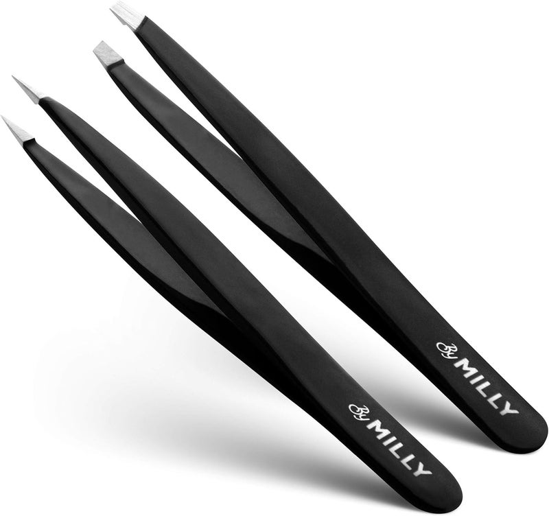 Precision Tweezers Set  Slanted  Pointed Tip Tweezers Kit  High Carbon Stainless Steel  Aligned  HandFiled Tweezer Set Professional  Hair Removal  Eyebrow Tweezer Set  Black