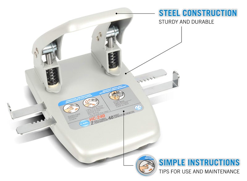 Carl CARL 62040 40-Sheet Capacity hc-240 Two-Hole Punch, 9/32 Dia. Holes, Silver, Metallic - Image 2