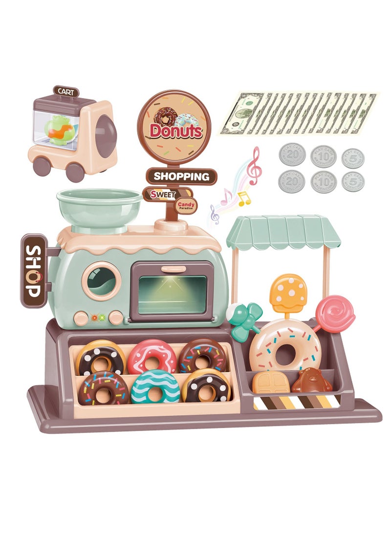Pretend Play Cash Register Toy Set Supermarket Vending Machine with Play Money, Sound and Credit Card Play Food Sets for Kids Kitchen with Donut Warm Lights and Music Gift for Boys Girls Ages 3+ - Image 1