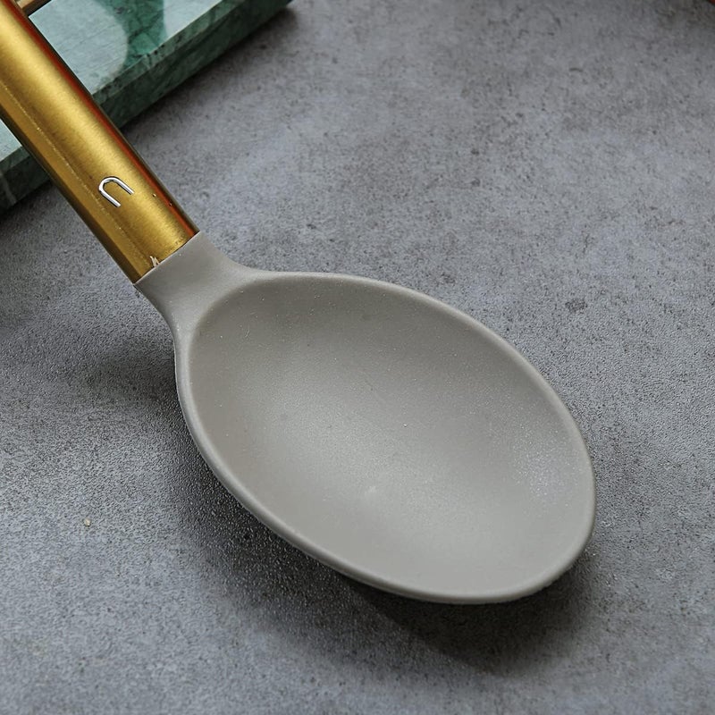 Berglander Non-stick Silicone Solid Serving Spoon, Titanium Gold Plating handle, Basting Spoon, Dishwasher Safe, Easy to Clean - Image 4