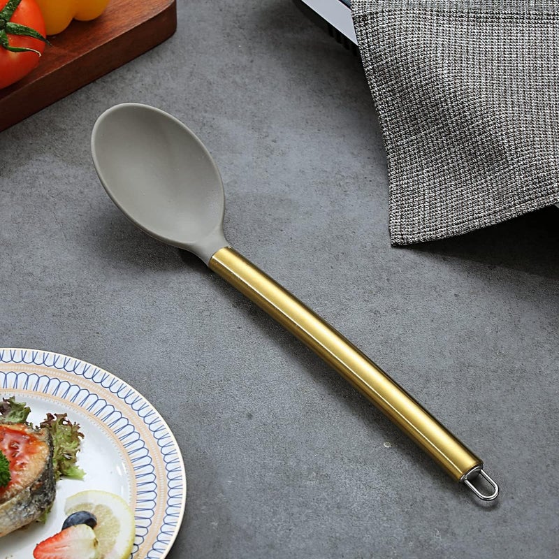 Berglander Non-stick Silicone Solid Serving Spoon, Titanium Gold Plating handle, Basting Spoon, Dishwasher Safe, Easy to Clean - Image 2