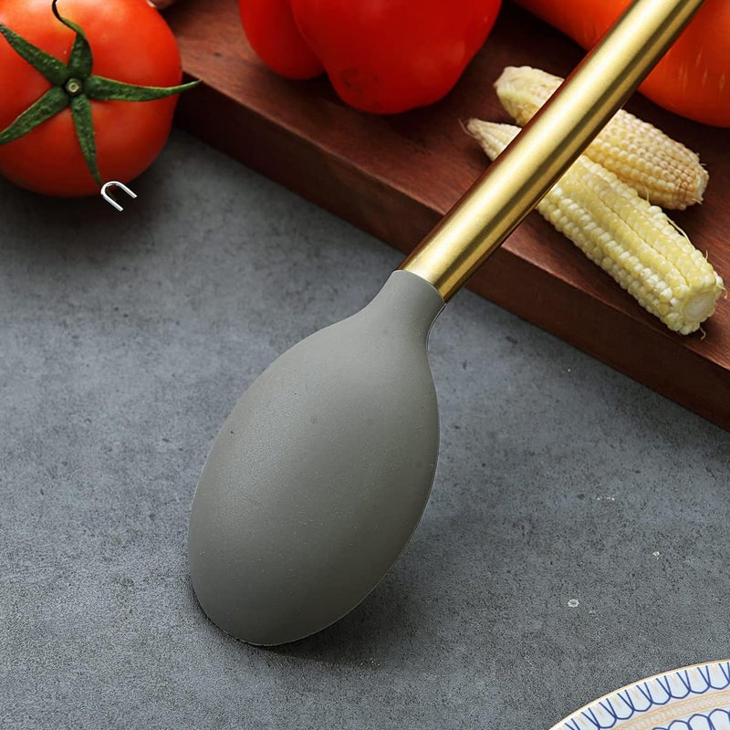 Berglander Non-stick Silicone Solid Serving Spoon, Titanium Gold Plating handle, Basting Spoon, Dishwasher Safe, Easy to Clean - Image 5