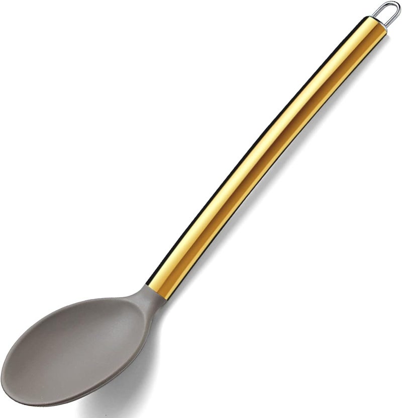 Berglander Non-stick Silicone Solid Serving Spoon, Titanium Gold Plating handle, Basting Spoon, Dishwasher Safe, Easy to Clean - Image 1