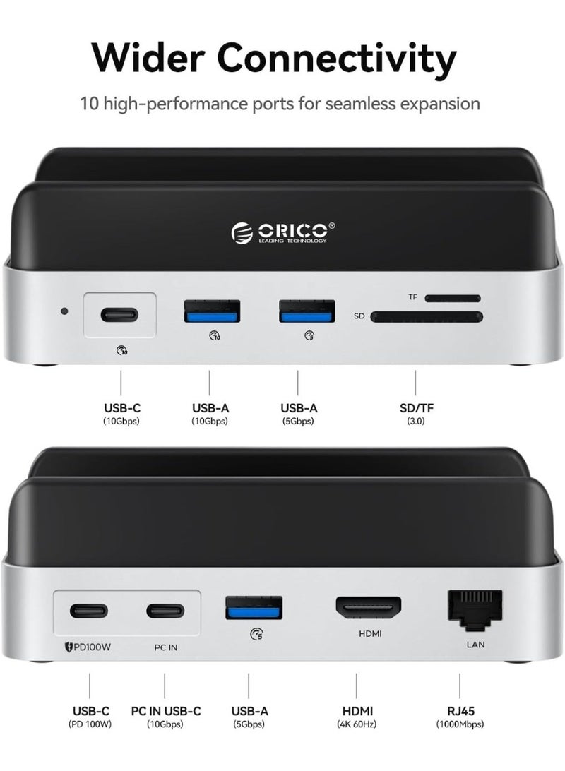 ORICO MiniDock Compatibility with Mac Mini M4, 10-in-1 Aluminum USB C Hub with M.2 SSD Enclosure, 10Gbps USB-C & USB-A, 4K HDMI, Gigabit Ethernet, SD/TF Card Readers-VS10 - Image 3