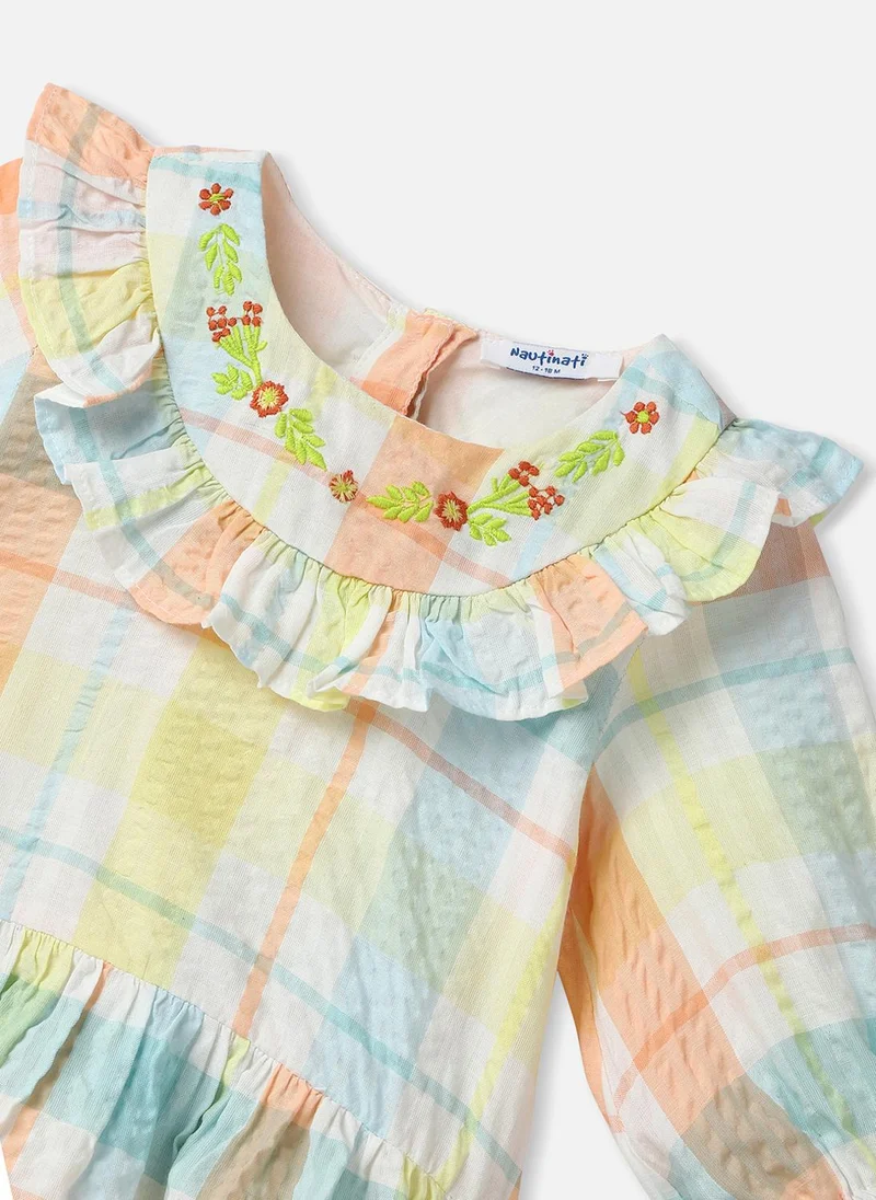 Nautinati Nautinati Girls’ Cotton-Crepe Checkered Multi-coloured Dress