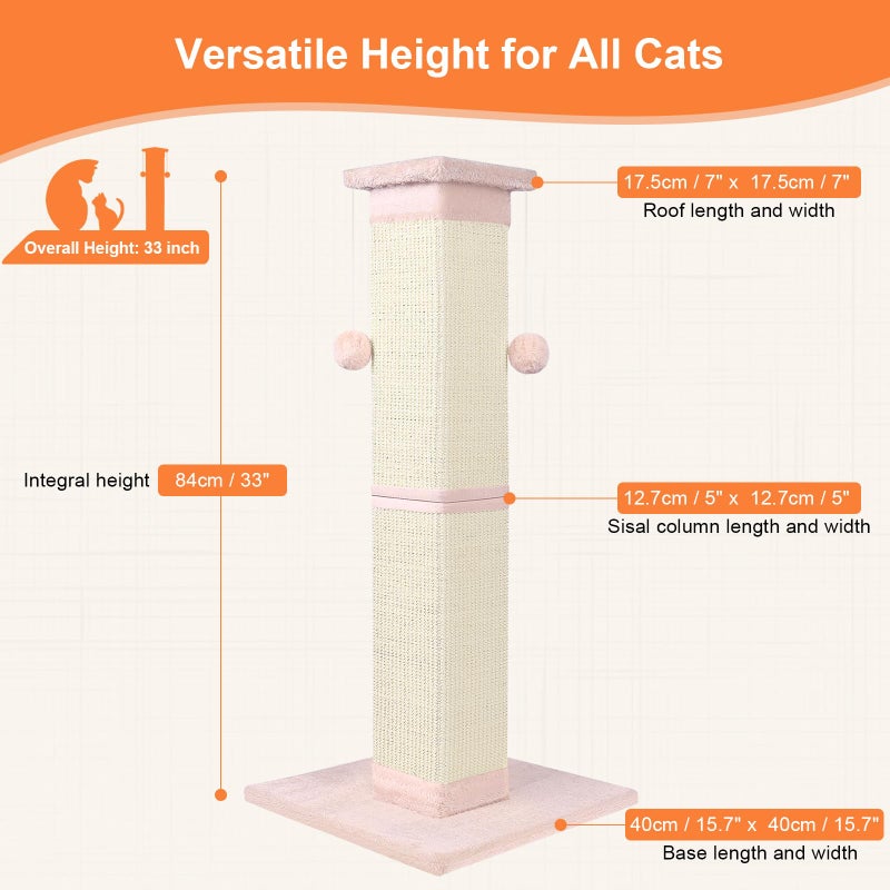 SOCATER Cat Scratching Post 33 Inch Nature Sisal Cat Scratch Post for Indoor Cats, Large Cat Scratcher Protect Your Furniture Pink - Image 2