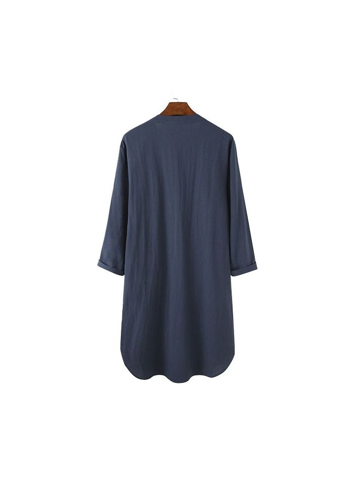 1-Piece Fashion Comfortable And Soft Cotton Men's Md-long Loose Bath Sleep Pajamas Home Wear Night Robe Shirts Color Blue Size XXL