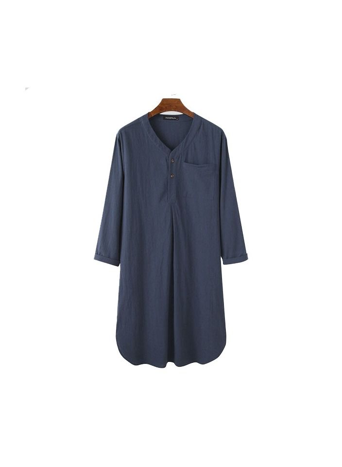 1-Piece Fashion Comfortable And Soft Cotton Men's Md-long Loose Bath Sleep Pajamas Home Wear Night Robe Shirts Color Blue Size XXL