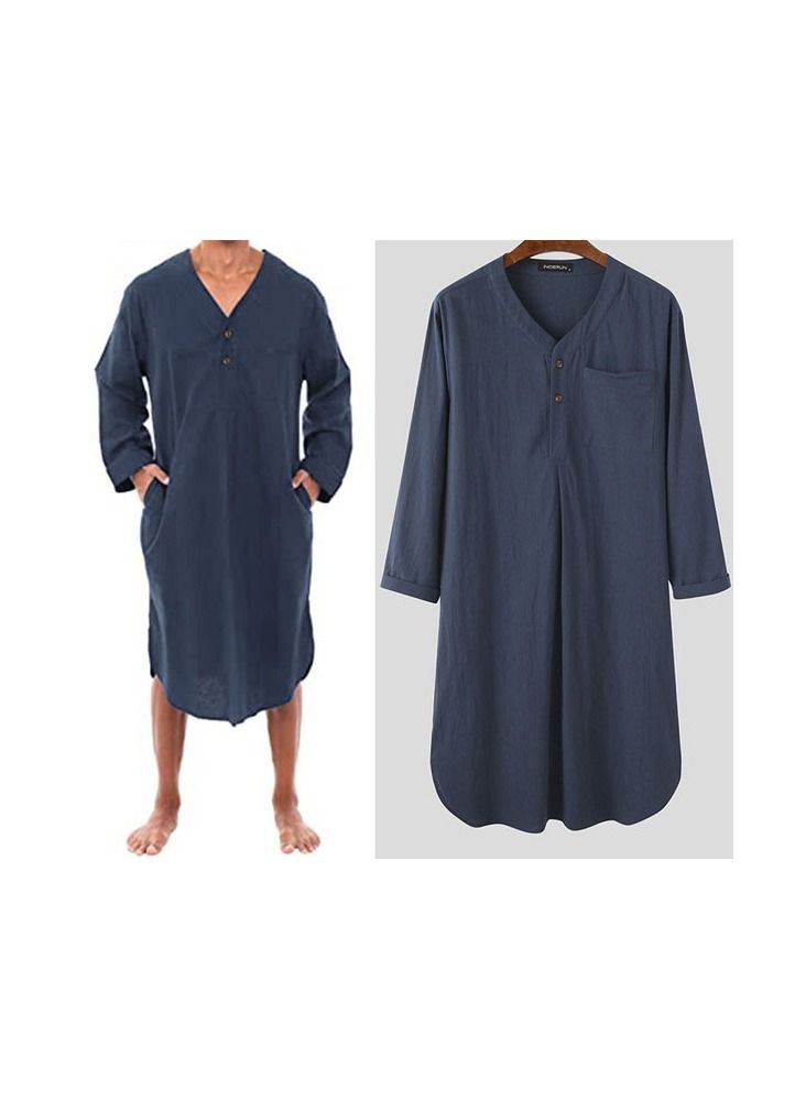 1-Piece Fashion Comfortable And Soft Cotton Men's Md-long Loose Bath Sleep Pajamas Home Wear Night Robe Shirts Color Blue Size XXL