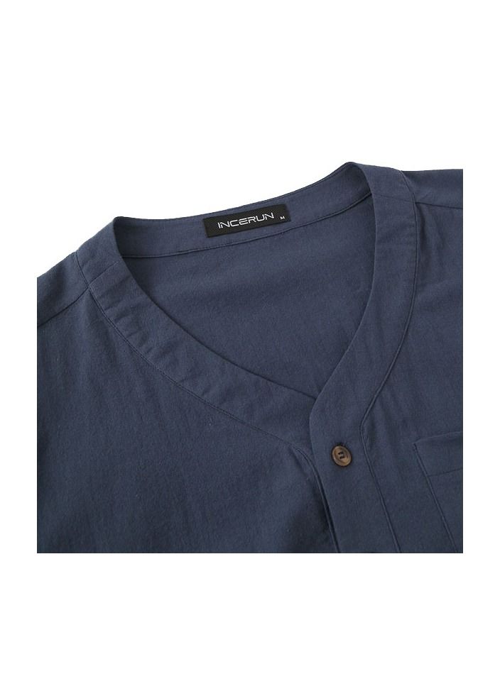 1-Piece Fashion Comfortable And Soft Cotton Men's Md-long Loose Bath Sleep Pajamas Home Wear Night Robe Shirts Color Blue Size XXL