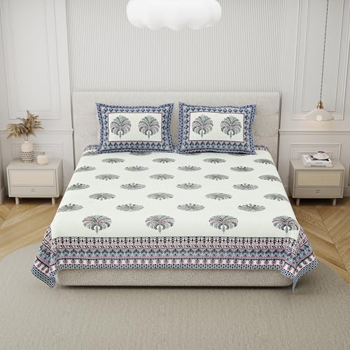 DE CAMA Since 1997 | 100% Cotton 300 TC Premium King Size Bedsheet for Double Bed (90 x 108 Inch) with 2 Pillow Covers Set (17 x 27 Inch) Hand Block Printed Bedsheet Set - Divine Blues - Image 3