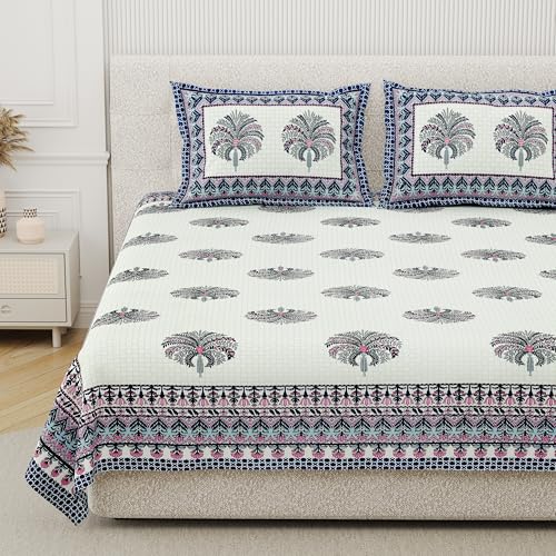 DE CAMA Since 1997 | 100% Cotton 300 TC Premium King Size Bedsheet for Double Bed (90 x 108 Inch) with 2 Pillow Covers Set (17 x 27 Inch) Hand Block Printed Bedsheet Set - Divine Blues - Image 1