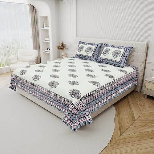 DE CAMA Since 1997 | 100% Cotton 300 TC Premium King Size Bedsheet for Double Bed (90 x 108 Inch) with 2 Pillow Covers Set (17 x 27 Inch) Hand Block Printed Bedsheet Set - Divine Blues - Image 2