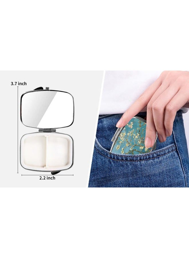 Dynippy Pill Case Pill Box with Mirror Retro Pocket 2 Compartment Medicine Case Vitamin Pill Organizer for Pocket Purse and Travel (Silver-Almond Blossom) - Image 5