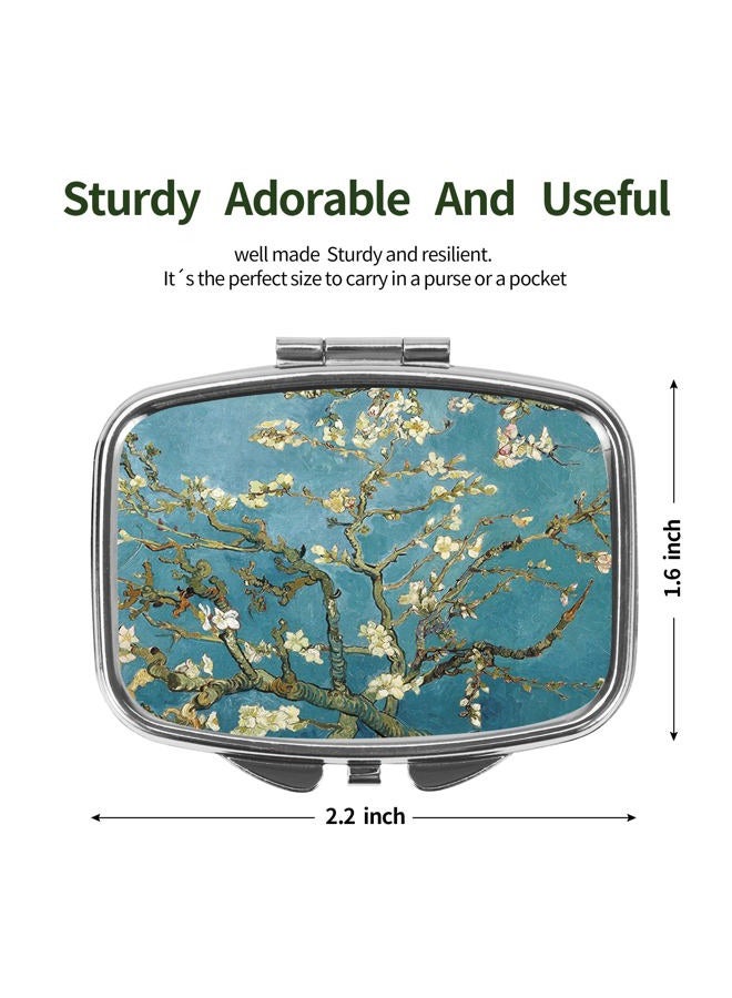 Dynippy Pill Case Pill Box with Mirror Retro Pocket 2 Compartment Medicine Case Vitamin Pill Organizer for Pocket Purse and Travel (Silver-Almond Blossom) - Image 2