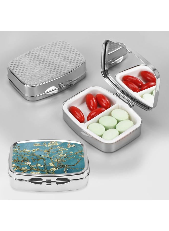 Dynippy Pill Case Pill Box with Mirror Retro Pocket 2 Compartment Medicine Case Vitamin Pill Organizer for Pocket Purse and Travel (Silver-Almond Blossom) - Image 4