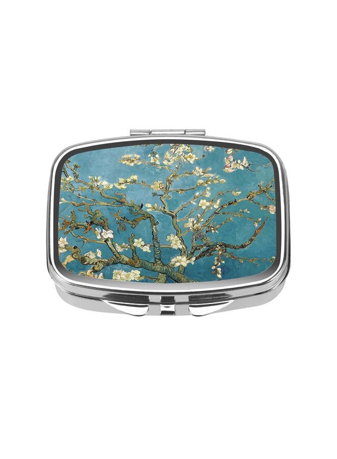 Dynippy Pill Case Pill Box with Mirror Retro Pocket 2 Compartment Medicine Case Vitamin Pill Organizer for Pocket Purse and Travel (Silver-Almond Blossom) - Image 1