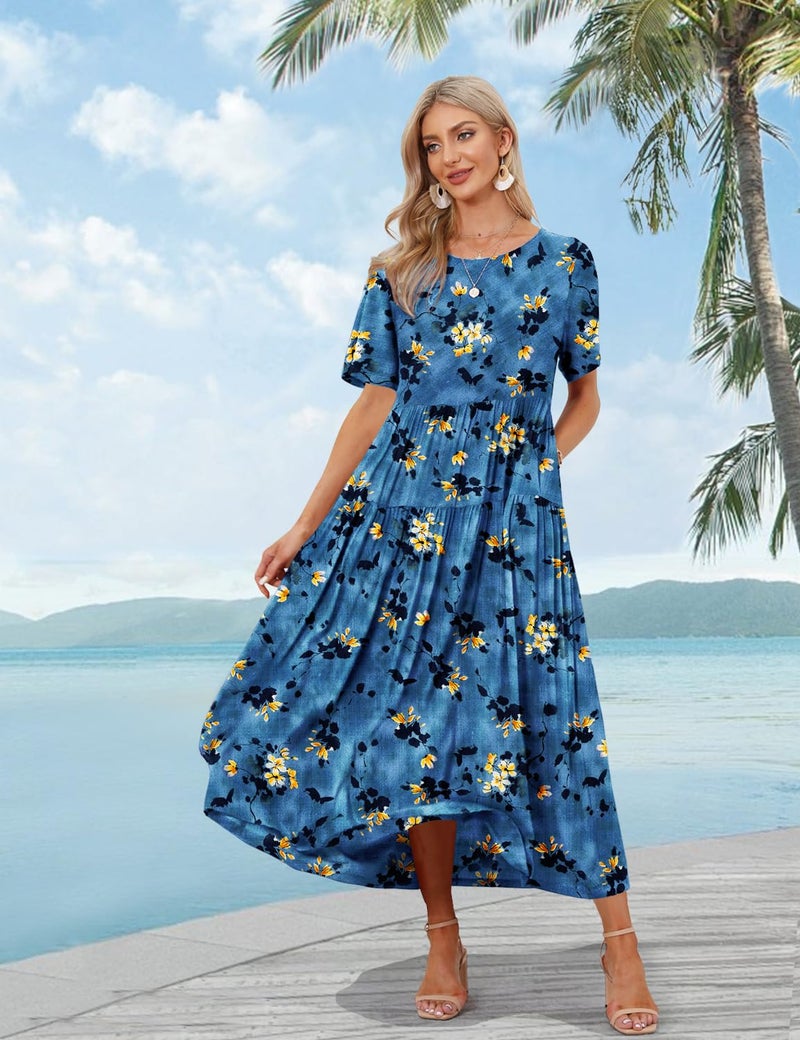 YESNO Women Casual Loose Bohemian Floral Dress with Pockets Short Sleeve Long Maxi Summer Beach Swing Dress XL EJF CR428 - Image 2