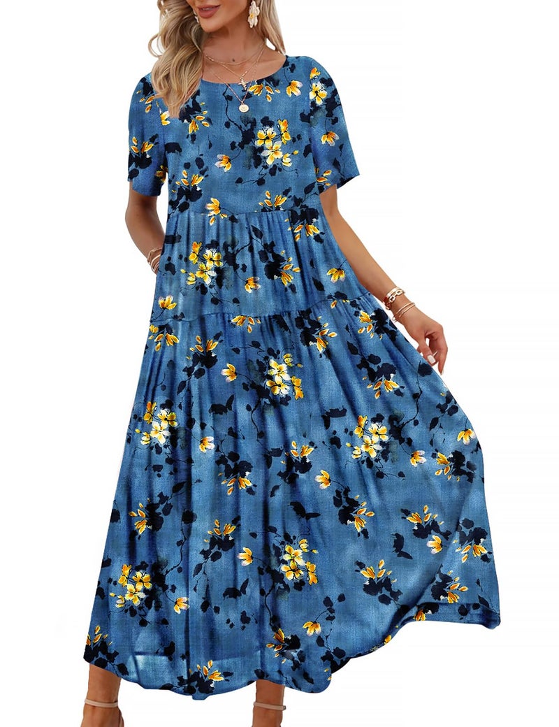 YESNO Women Casual Loose Bohemian Floral Dress with Pockets Short Sleeve Long Maxi Summer Beach Swing Dress XL EJF CR428 - Image 1
