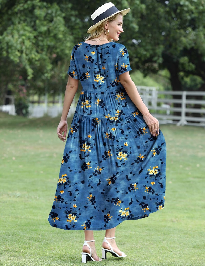 YESNO Women Casual Loose Bohemian Floral Dress with Pockets Short Sleeve Long Maxi Summer Beach Swing Dress XL EJF CR428 - Image 4