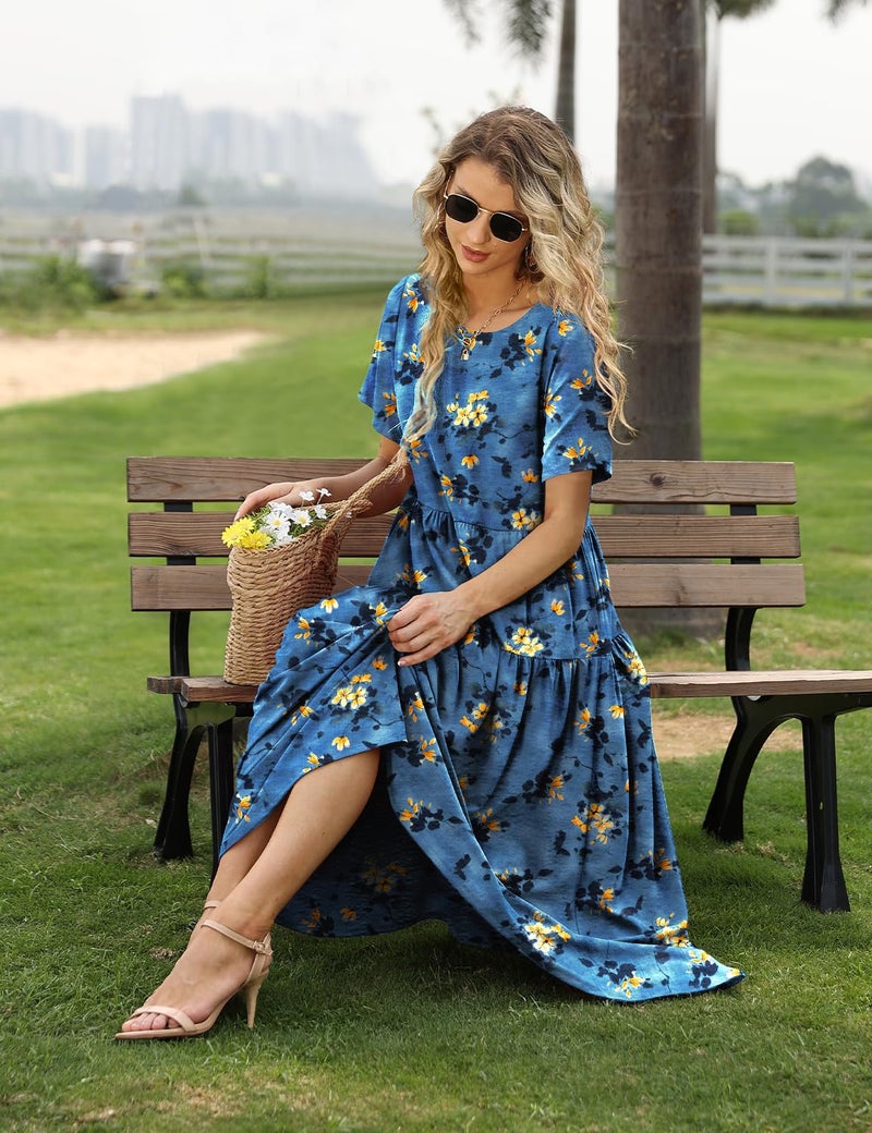 YESNO Women Casual Loose Bohemian Floral Dress with Pockets Short Sleeve Long Maxi Summer Beach Swing Dress XL EJF CR428 - Image 3