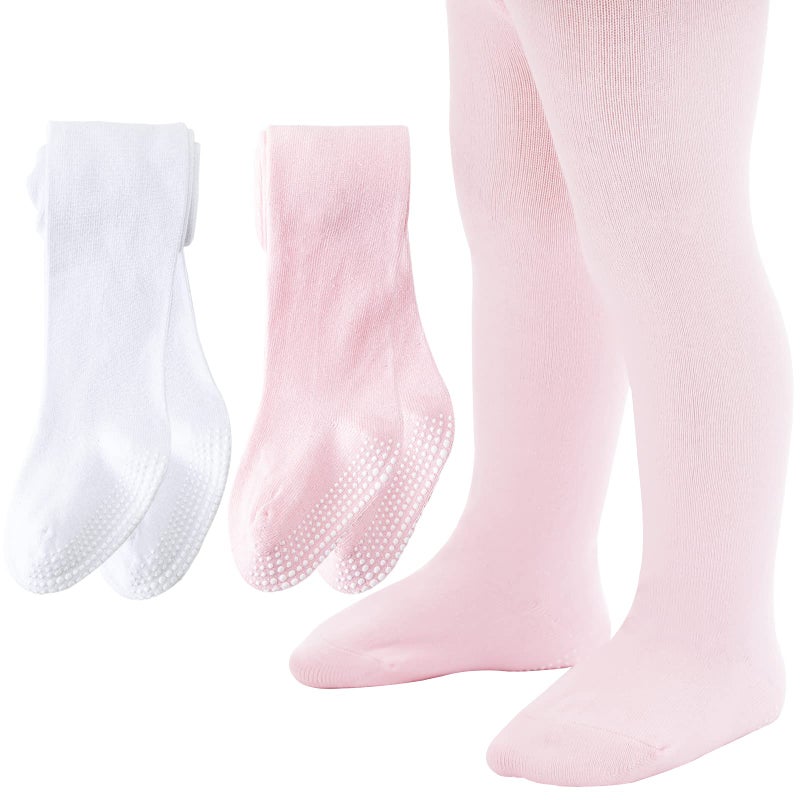 Mini angel Baby Girl Tights Non Slip Baby Tights 6-12 Months Girl Warm Cotton Leggings Seamless Pantyhose Non-Skid Grip for Toddler 2 Pack (White, Pink, S) - Image 1