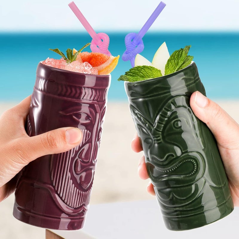 Cedilis 4 Pack Ceramic Tiki Mug 10oz Tiki Drinking Cups Exotic Zombie Cocktail Glasses Tumblers Mai Tai glass Tiki Bar Professional Hawaiian halloween Party Barware - Image 3
