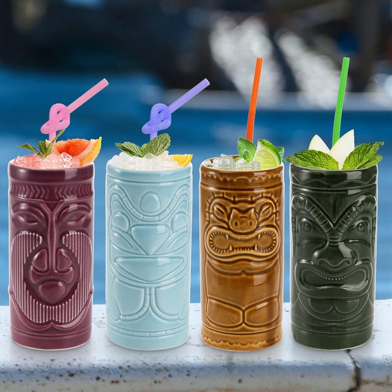 Cedilis 4 Pack Ceramic Tiki Mug 10oz Tiki Drinking Cups Exotic Zombie Cocktail Glasses Tumblers Mai Tai glass Tiki Bar Professional Hawaiian halloween Party Barware - Image 4