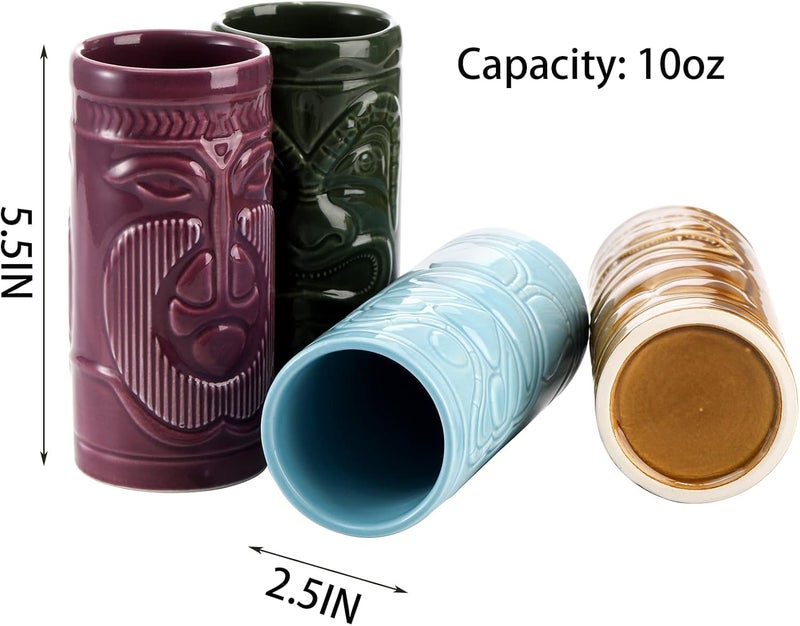 Cedilis 4 Pack Ceramic Tiki Mug 10oz Tiki Drinking Cups Exotic Zombie Cocktail Glasses Tumblers Mai Tai glass Tiki Bar Professional Hawaiian halloween Party Barware - Image 2