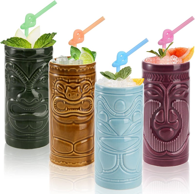 Cedilis 4 Pack Ceramic Tiki Mug 10oz Tiki Drinking Cups Exotic Zombie Cocktail Glasses Tumblers Mai Tai glass Tiki Bar Professional Hawaiian halloween Party Barware - Image 1