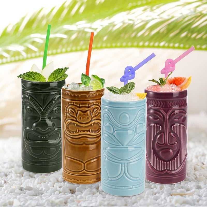 Cedilis 4 Pack Ceramic Tiki Mug 10oz Tiki Drinking Cups Exotic Zombie Cocktail Glasses Tumblers Mai Tai glass Tiki Bar Professional Hawaiian halloween Party Barware - Image 5