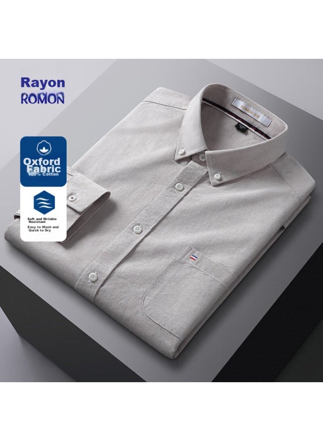 ROMON Romon Pure Cotton Oxford Yarn Long-sleeve Shirt For Men, Spring And Autumn, Middle-aged And Young, Fashionable Professional Work Uniform Shirt, 1085 Khaki, Size 41  - Image 1