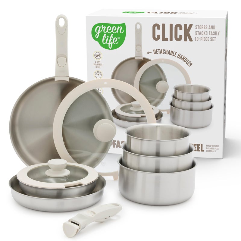 GreenLife 10 Piece Stainless Steel Pots and Pans, Detachable & Stackable Kitchen Set, Tri Ply Clad PFAS Free Cookware, Space Saving with Removable Handle, Induction & Oven Safe, RV Cookware, Glass Lid - Image 1