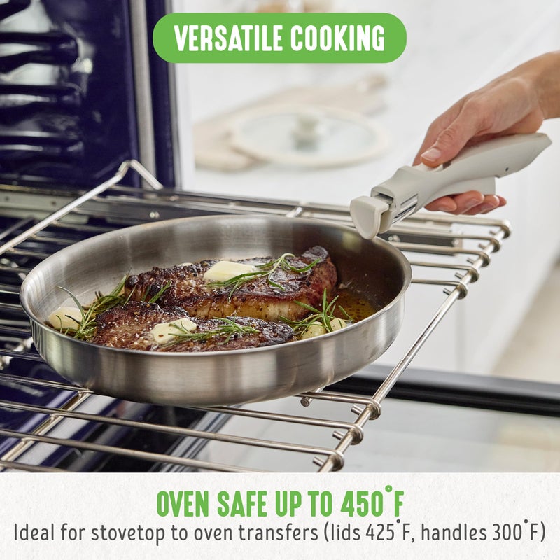 GreenLife 10 Piece Stainless Steel Pots and Pans, Detachable & Stackable Kitchen Set, Tri Ply Clad PFAS Free Cookware, Space Saving with Removable Handle, Induction & Oven Safe, RV Cookware, Glass Lid - Image 4