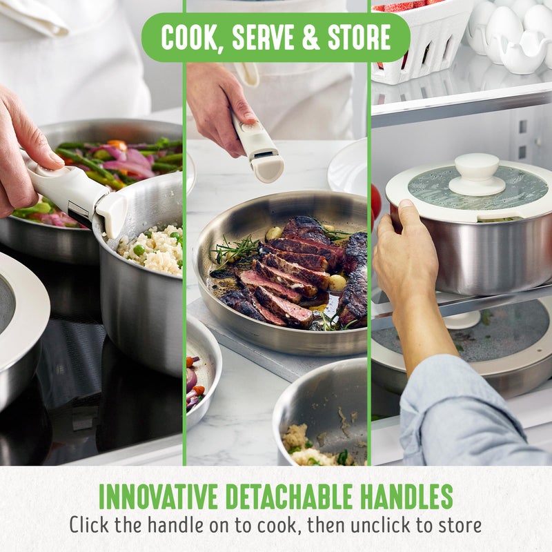 GreenLife 10 Piece Stainless Steel Pots and Pans, Detachable & Stackable Kitchen Set, Tri Ply Clad PFAS Free Cookware, Space Saving with Removable Handle, Induction & Oven Safe, RV Cookware, Glass Lid - Image 3